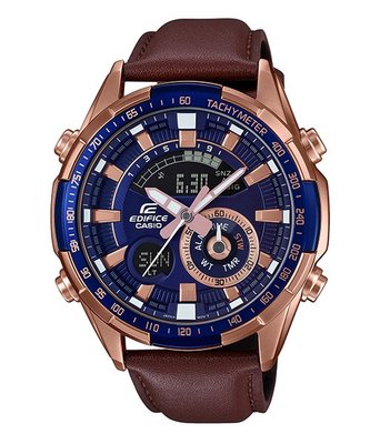 【CASIO EDIFICE】ERA-600GL-2A 為不鏽鋼錶殼搭配咖啡色真皮錶帶，玫瑰金離子IP處理錶殼