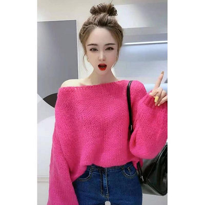 韓版秋季慵懶風寬鬆外穿素色毛衣女復古個性露肩短版針織衫