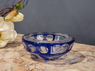 義大利 湛藍 立體 手工 深雕刻 水晶玻璃 花瓶 水果籃  歐洲老件 g0706【卡卡頌  歐洲古董】✬
