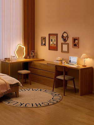 實木梳妝台臥室簡約現代電腦桌書桌床尾斗柜妝台一體轉角化妝桌子