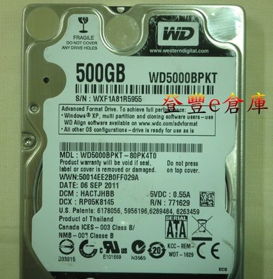 【登豐e倉庫】 YF112 黑標 WD5000BPKT-80PK4T0 500G SATA3 筆電 硬碟