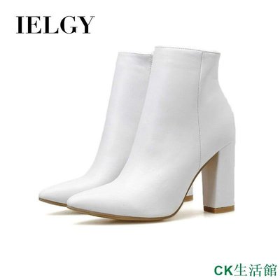 CK生活館IELGY 純色高跟鞋女時尚尖頭百搭10cm粗跟舒適短靴白色