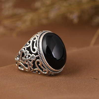戒指霸氣純銀S925銀戒指復古做舊鑲嵌黑瑪瑙開口寶石戒子銀飾食指男士