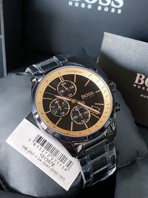 HUGO BOSS Grind Prix 黑色錶盤 黑色不鏽鋼錶帶 石英 三眼計時  男士手錶1513578