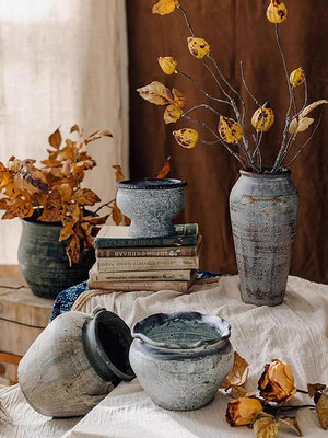 溜溜中式復古陶瓷花瓶擺件客廳裝飾落地插花花器做舊大粗陶罐花盆
