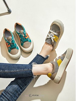 EmmaShop艾購物-韓國同步上新-東大門復古真皮撞色厚底小白鞋/休閒鞋
