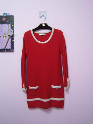 💞歐薇 M號 紅色羊毛針織長版上衣 小個子可當洋裝