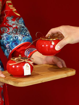 陶瓷柿子罐紅色柿柿如意結婚喜糖罐早生貴子伴手禮喜糖盒創意擺件--原久美子