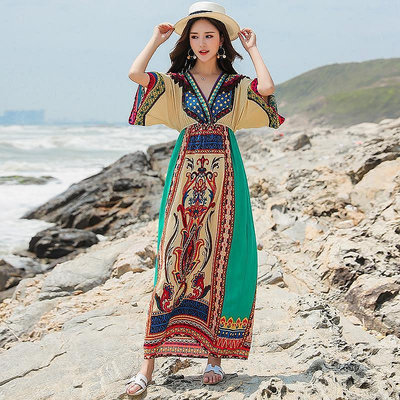 海邊洋裝 泰國服飾 民族風長裙夏新款波西米亞連身裙女夏威夷巴厘島海邊度假沙灘裙