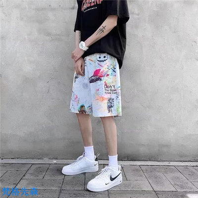 【M-3XL】沙灘休閒短褲男士夏季薄款塗鴉五分褲
