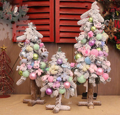 【現貨精選】粉色系迷你聖誕樹擺件粉色可愛公仔彩球裝飾植絨聖誕樹套餐