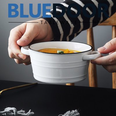 BlueD_法式 鄉村風 陶瓷 小湯碗 雙耳 泡麵碗 大容量 烤碗 宿舍碗 大碗公 牛奶碗 簡約 北歐風 創意設計 送禮