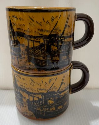 龍廬-自藏二手出清~陶瓷製品-早期復古漁船圖案帶冰裂紋路陶瓷馬克杯(二入一套)/只有一套/咖啡杯 茶杯 把手杯