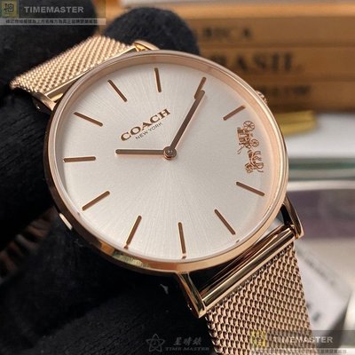 COACH手錶,編號CH00113,36mm玫瑰金圓形精鋼錶殼,白色簡約, 中二針顯示錶面,玫瑰金色米蘭錶帶款