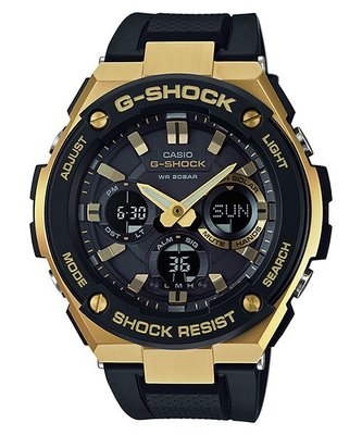 【金台鐘錶】CASIO卡西歐G-SHOCK 抗震 太陽能 鬧鈴電子 膠帶錶-黑金  GST-S100G-1A