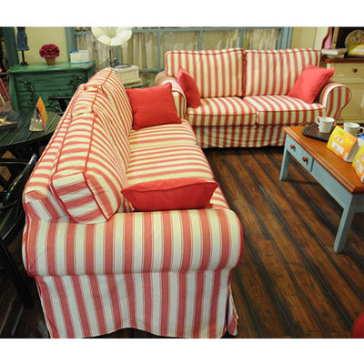 美式鄉村可拆洗布藝沙發韓式田園紅色條紋小戶型客廳小沙發組合