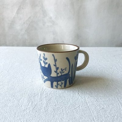 鳥語貓影陶瓷馬克杯  藍色 咖啡色 陶瓷馬克杯 茶杯 水杯 陶瓷餐具  手把杯 復古餐具【小雜貨】