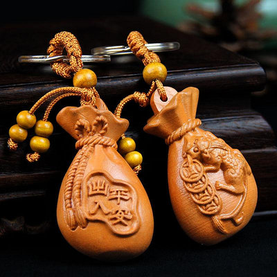 桃木貔貅鑰匙扣掛件福袋銅錢隨身掛飾出入平安木雕汽車男女士飾品