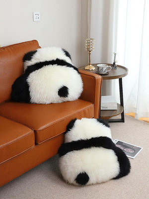 黑白真羊毛靠墊大靠枕坐墊沙發客廳花花同款背影熊貓抱枕可愛家居
