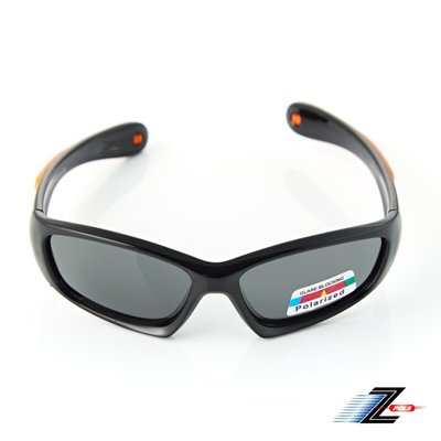 【Z-POLS】兒童款矽膠軟質彈性壓不壞 Polarized偏光抗UV400太陽眼鏡ZP81黑橘配色(鏡腳可變身眼鏡繩)