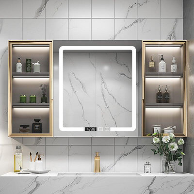 衛浴鏡柜掛墻式衛生間單獨雙盆帶燈儲物防霧浴室鏡子組合