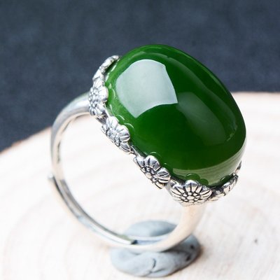 新疆碧玉成品戒指 菠菜綠戒面裸石925銀鑲嵌大戒面和闐玉戒指飾品