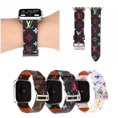 現貨 Apple Watch錶帶 LV老花彩花皮革錶帶 適用於Apple Watch1/2/3/4/5/6代 SE錶帶