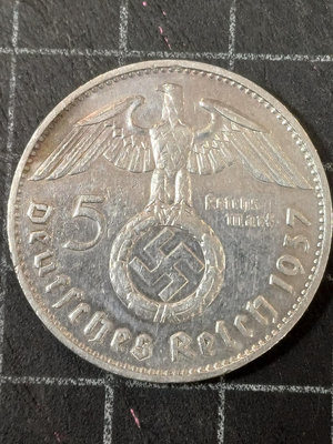【銀幣】Germany 德國納粹 , 5 Marks , K94 #207223 , 1937F 品相極美XF