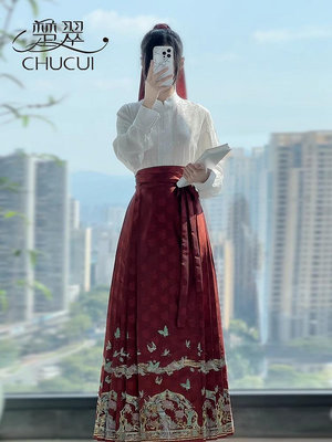 新中式上衣馬面裙套裝女2024新款秋冬國風紅色過年改良漢服小個子-瑞芬好物家居