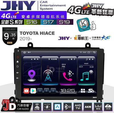 【JD汽車音響】JHY S系列 S16、S17、S19 TOYOTA HIACE 2019~ 9.35吋 安卓主機。