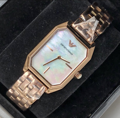 EMPORIO ARMANI 長方型 珍珠貝母錶盤 玫瑰金色不鏽鋼錶帶 石英 女士手錶 AR11147