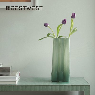 花瓶乳綠色高級感玻璃花瓶擺件 現代簡約ins家居客廳花器