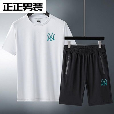夏季新款 冰絲短袖套裝 T恤男士空調短褲套裝 韓版休閒運動兩件套男-正正男裝