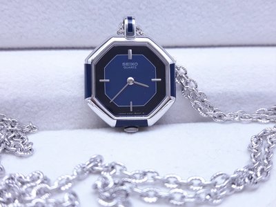 【Jessica潔西卡小舖】SEIKO精工深藍色八角形石英女錶.項練錶.懷錶