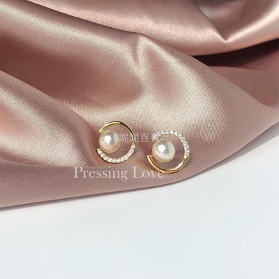 Pressing Love氣質珍珠耳釘女純銀925高級感設計簡約大氣閃鉆耳環-妮妮百貨