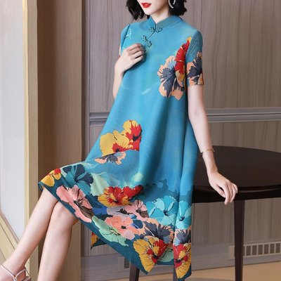 中國風改良版旗袍寬松大碼褶皺連衣裙2021夏季新款女裝印花A字裙