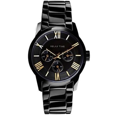 【金台鐘錶】 RELAX TIME 羅馬情人 日曆腕錶 -金時標x黑 45mm (RT-65-1M)