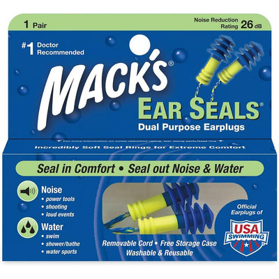 Mack's Ear Seals 游泳耳塞 1對2入 降噪26dB 有防丟繩 送收納盒 可重複使用 macks