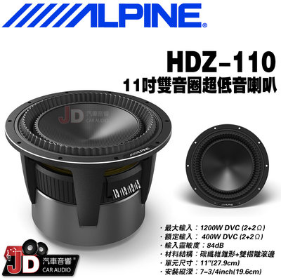 【JD汽車音響】ALPINE HDZ-110 11吋雙音圈超低音喇叭 最大輸入：1200W  竹記公司貨 阿爾派