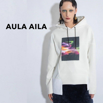 SHINY SPO 獨家代理日本設計師品牌AULA AILA 異材質拼接造型相片印花不對稱設計連帽上衣