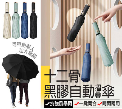 【十二骨黑膠折疊自動傘】自動摺疊傘 黑膠傘 晴雨傘 遮陽傘 大雨傘 折疊傘 陽傘 雨傘 莫蘭迪色