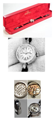 1960年代停產OMEGA盒裝18K實金（非一般包金款亦非WGP電鍍K金）特殊繩結錶帶款，手上鍊機械女錶  （全部原裝）