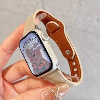 適用於apple watch Ultra8/7錶帶 女蘋果釘扣小蠻腰41/45/44mm皮質