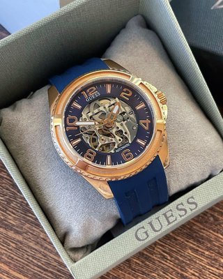 GUESS Elite 玫瑰金色鏤空錶盤 藍色橡膠錶帶 男士 自動機械錶 W1178G3
