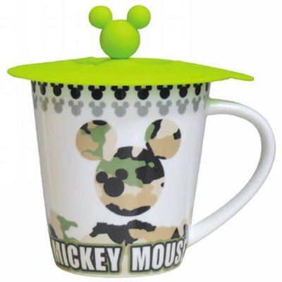 ♡fens house♡日本進口 米奇 micky 迷彩 綠色 陶瓷 杯 馬克杯 ~附矽膠杯蓋