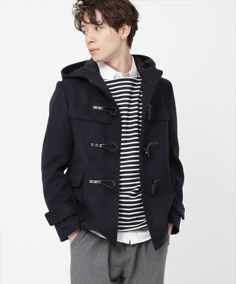 日本 Vanquish 深藍厚磅羊毛連帽牛角扣排扣外套 全新正品
