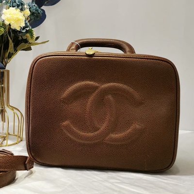 Chanel vintage 棕色荔枝皮大logo化妝包手提包