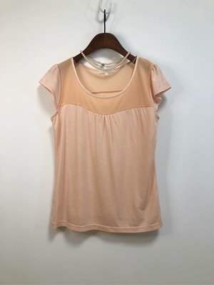 日系品牌‼️PROPORTION‼️氣質高雅珊瑚粉橘 圓領絲光邊網紗 雙層層次外接棉質小包袖上衣S碼XS-S可穿