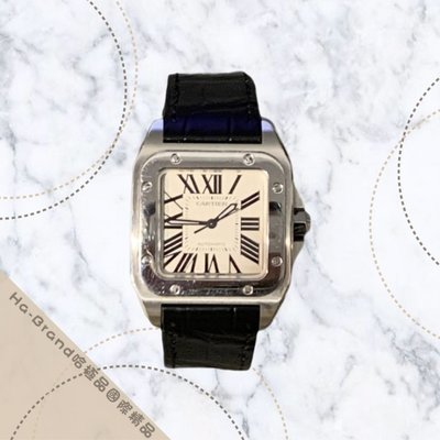 【哈極品】美品《Cartier 卡地亞 銀色santos100 中型 黑色皮帶機械錶/手錶》