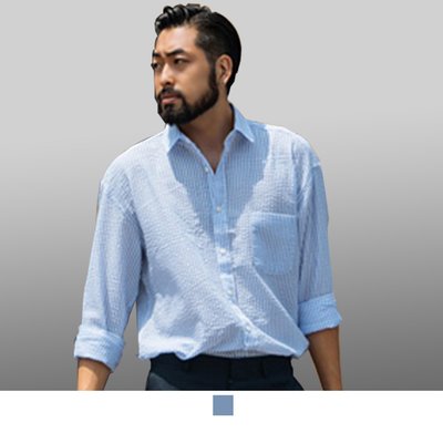 【男人幫大尺碼】-S5200＊時尚穿搭【水藍條紋長袖襯衫】